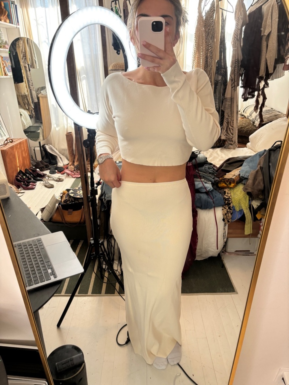 Meshki Set: Long Sleeve and Cream Knit Maxi Skirt - Women